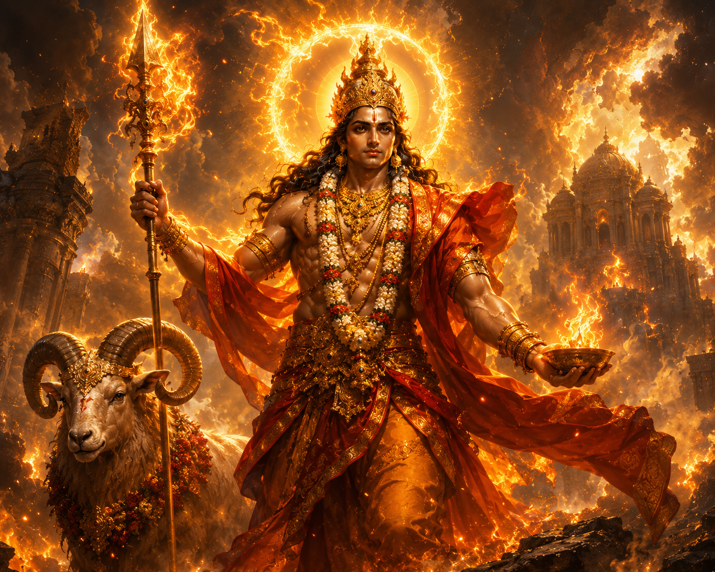 Agni, Vedic god of sacred fire, holding Agnimantha beside his sacred ram