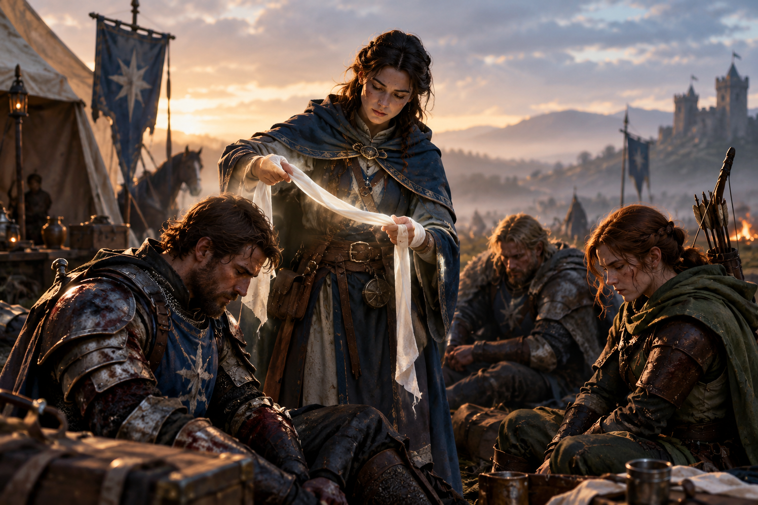 Aid spell strengthening wounded adventurers with a white cloth before battle in 1454