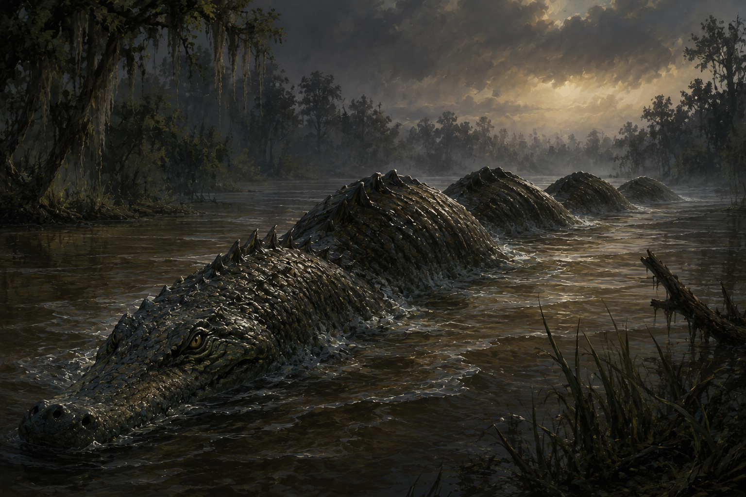 Altamaha-Ha, or Altie, a vast ridged river leviathan moving through the dark waters of the Altamaha River