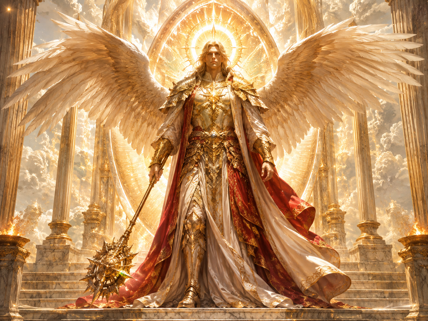 A monumental two-armed winged Angel Throne seated in celestial authority, surrounded by a radiant golden aureole