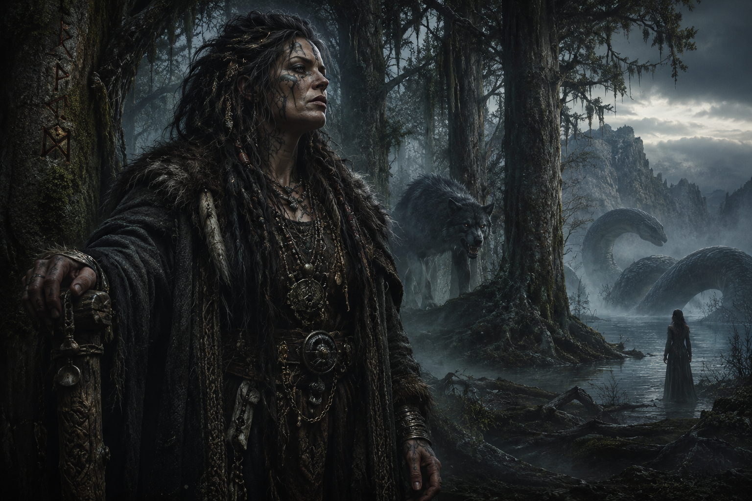 Angrboða, the jötunn mother of Fenrir, Jörmungandr and Hel, standing within the Ironwood