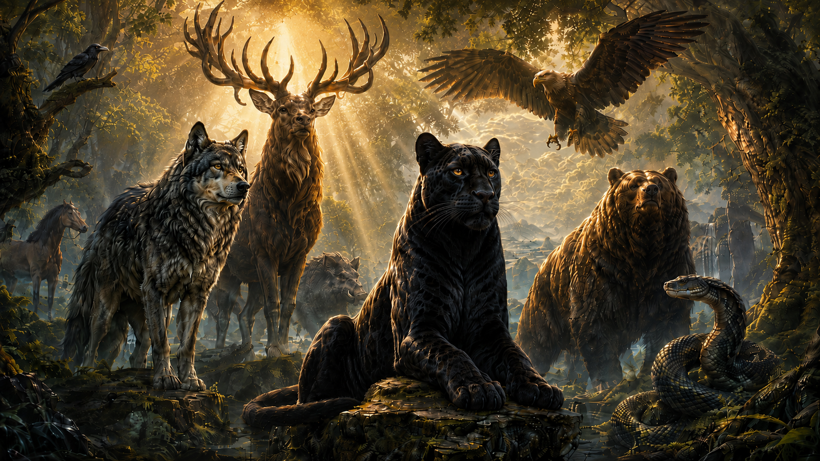 Animal Lords of the Beastlands, including the black panther Cat Lord, Wolf Lord, Stag Lord, Bear Lord, Eagle Lord and Serpent Lord.