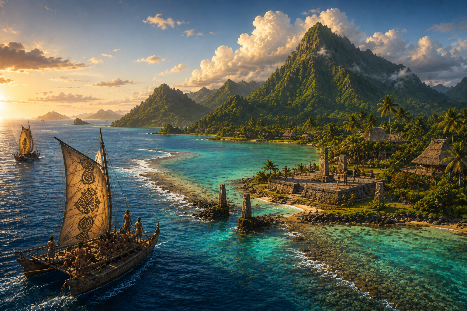Hawaiki, the ancestral isles of Ossa, with Polynesian voyaging waka approaching a sacred lagoon, coastal marae and forested volcanic mountains