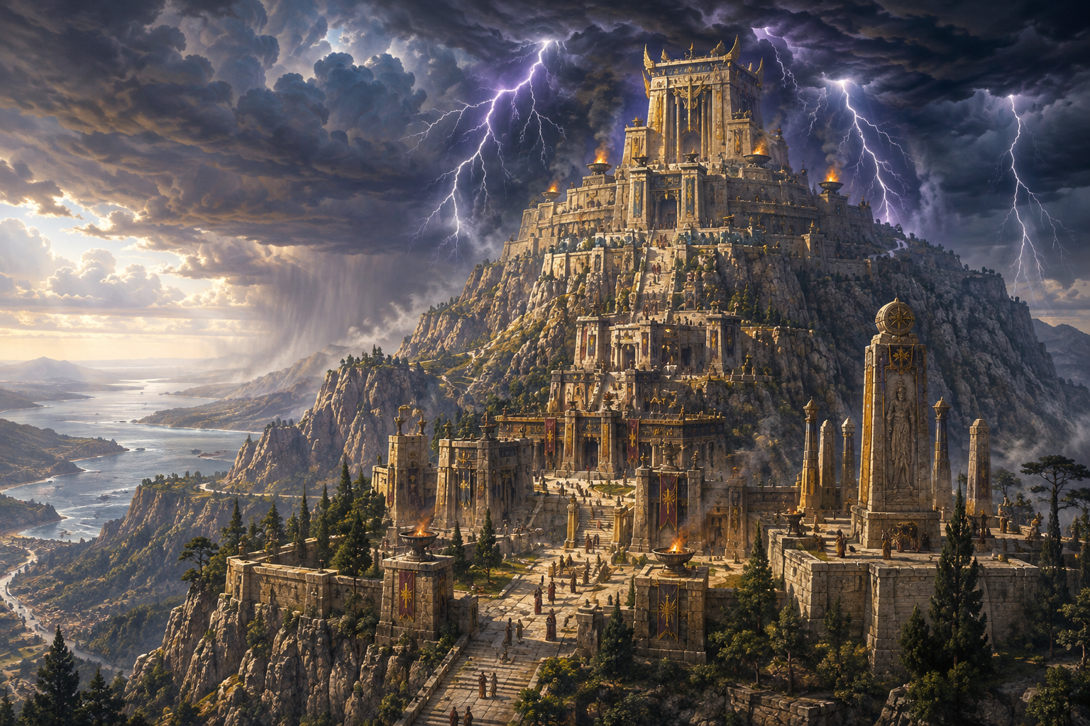Mount Zaphon, the storm-crowned Arborean court of Baal-Hadad, with monumental Ugaritic-inspired terraces and a summit sanctuary beneath lightning and rain
