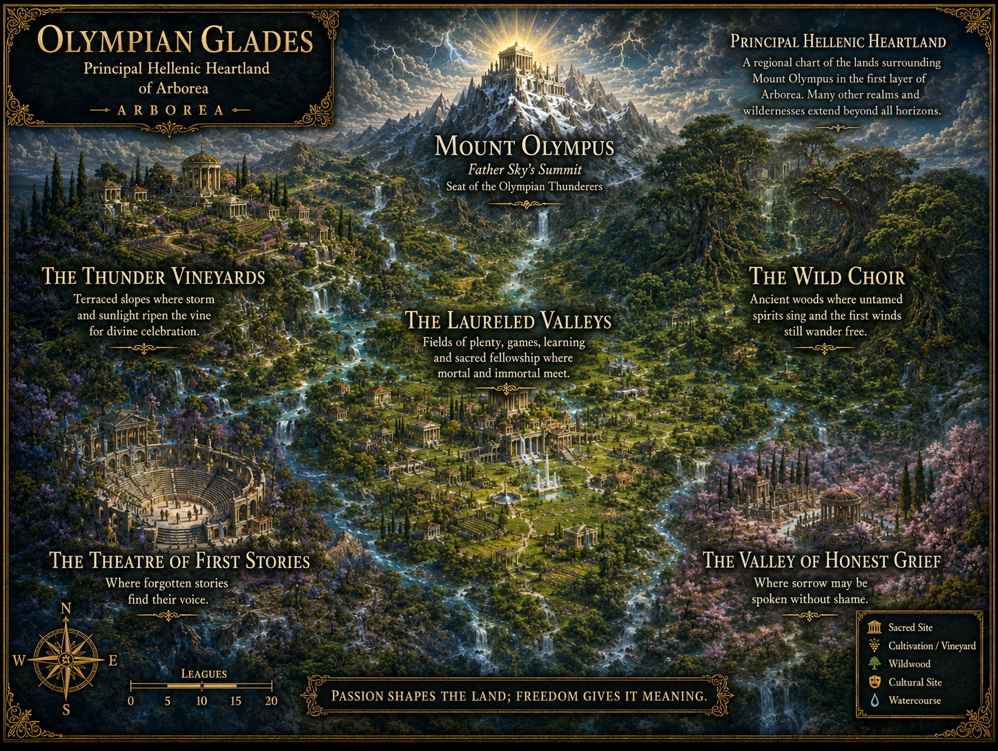 Map of the Hellenic heartlands of the Olympian Glades in Arborea, showing Mount Olympus, the Laureled Valleys, Thunder Vineyards, Wild Choir, Theatre of First Stories and Valley of Honest Grief