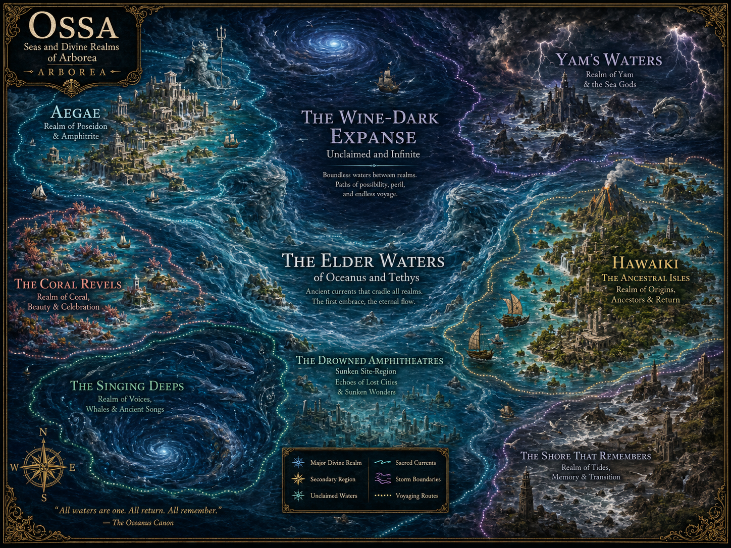 Map of Ossa, Arborea's living sea, showing Aegae, the Elder Waters, Yam's Waters, Hawaiki, the Wine-Dark Expanse and secondary ocean regions
