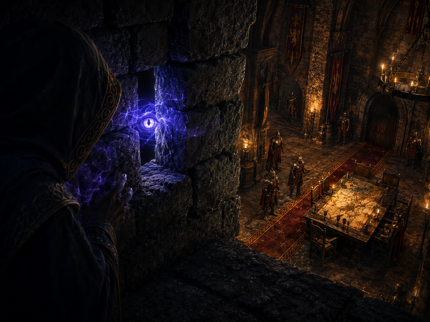 A hidden spellcaster sends an Arcane Eye through a narrow opening to observe guards gathered inside a medieval fortress hall.