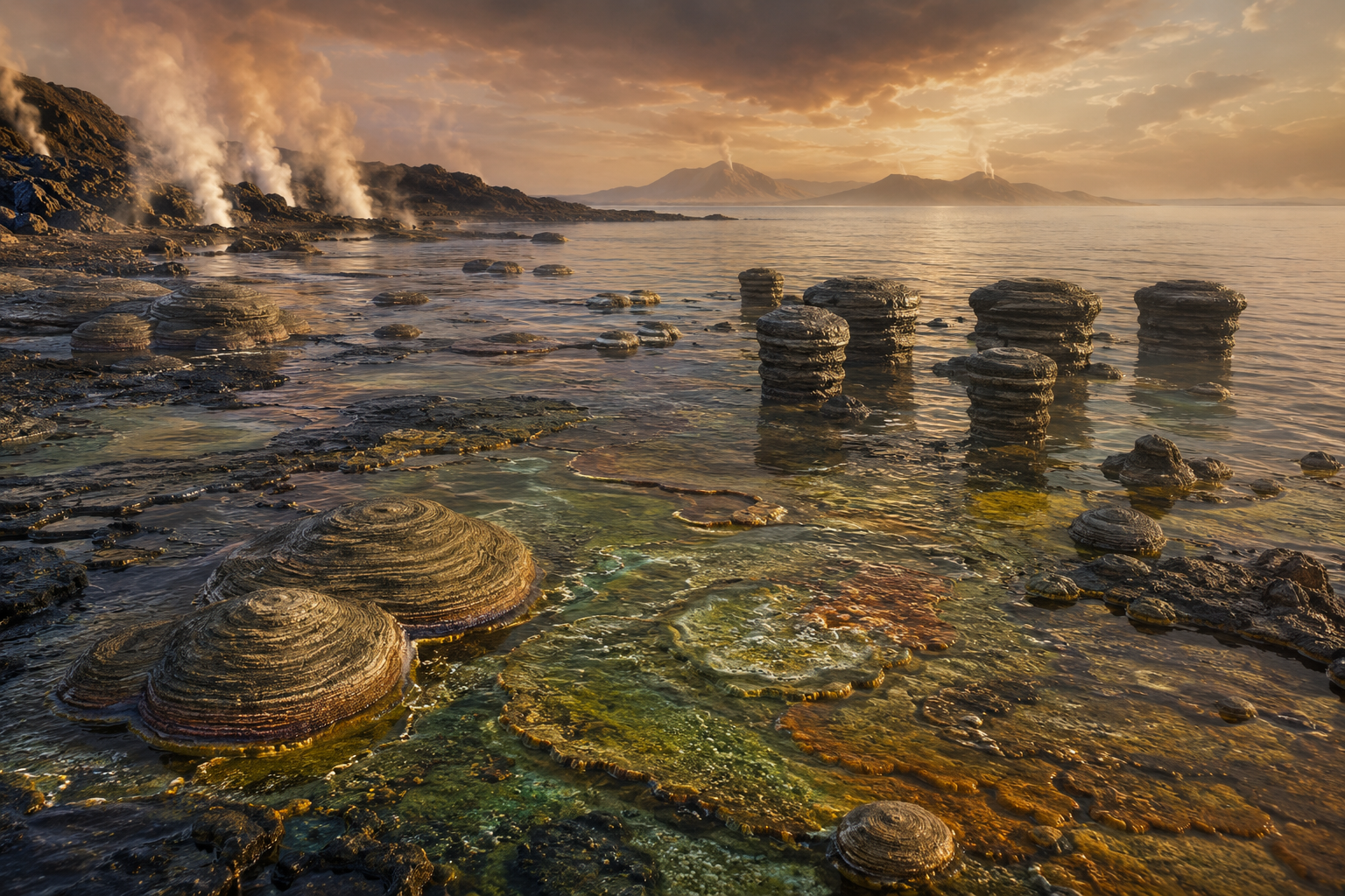 Archean volcanic coastline with layered stromatolites, microbial mats, geothermal steam and shallow primordial seas