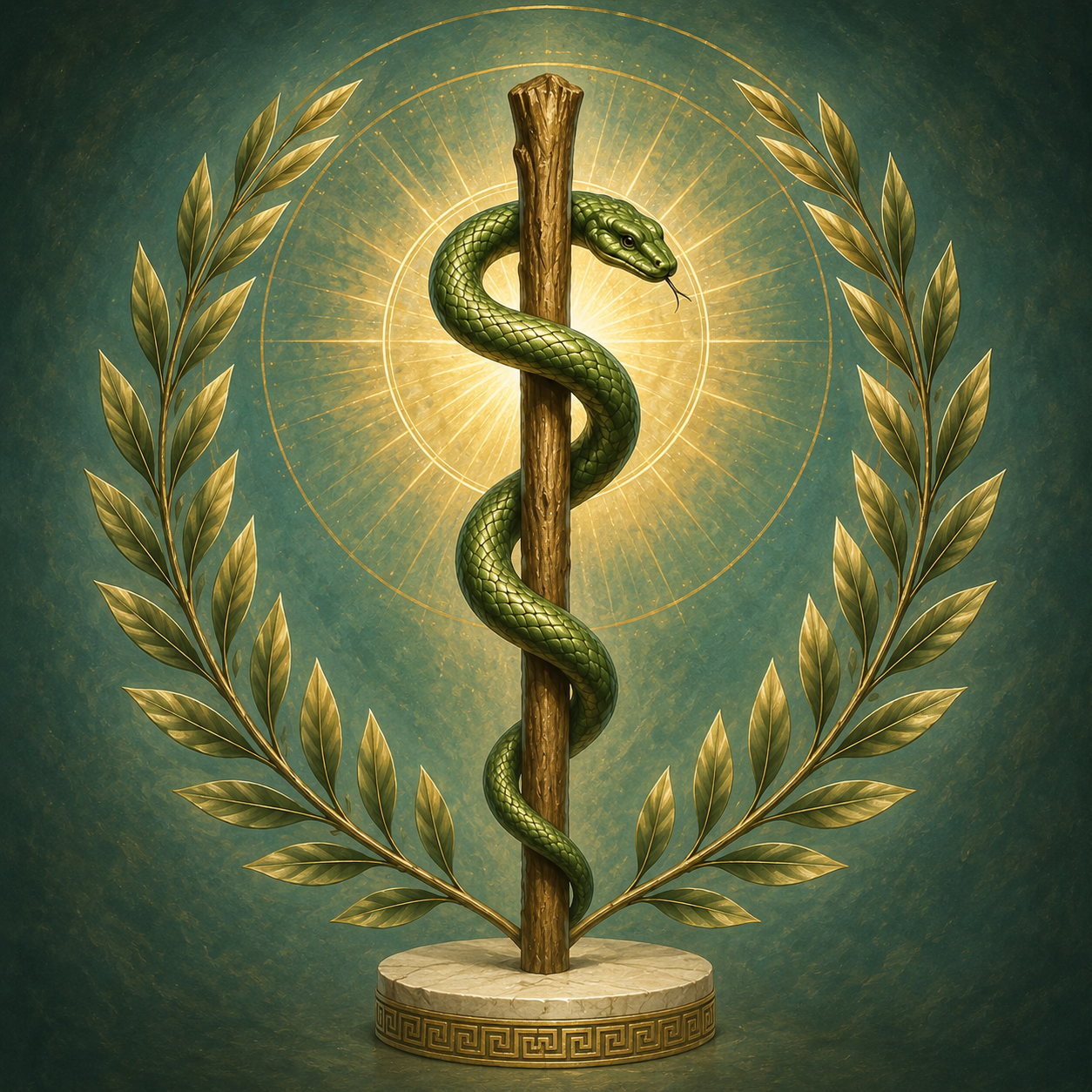 Sacred symbol of Asclepius, a single serpent entwined around the Rod of Asclepius framed by laurel