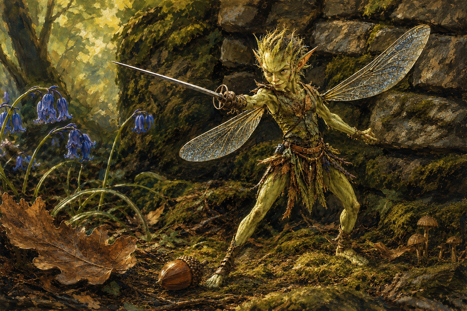 A green-skinned atomie with one pair of dragonfly wings fencing beside an acorn in an enchanted woodland
