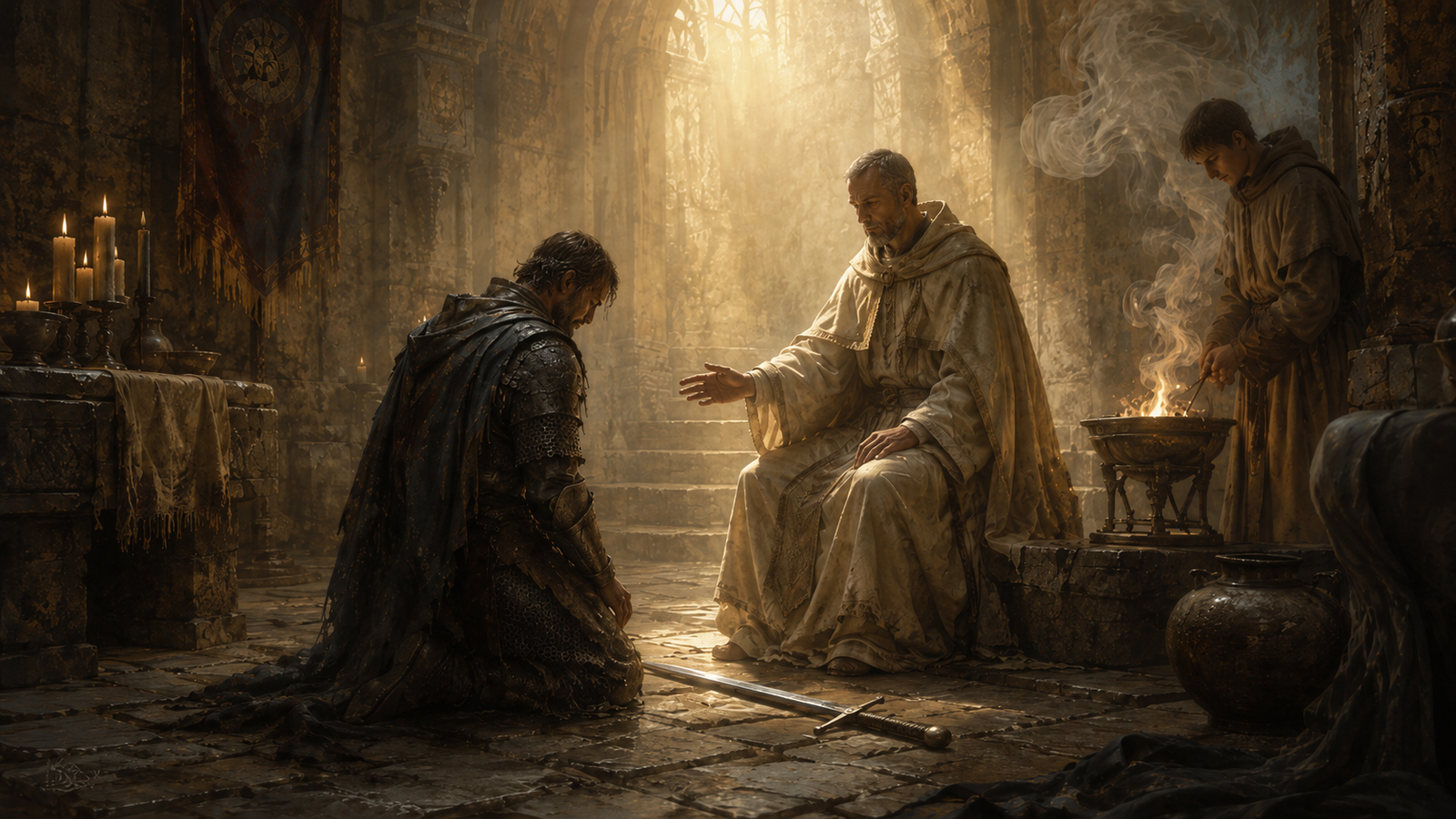 A penitent armoured warrior kneels before a robed ritualist in an ancient stone sanctuary while an attendant tends incense and a surrendered sword lies upon the floor