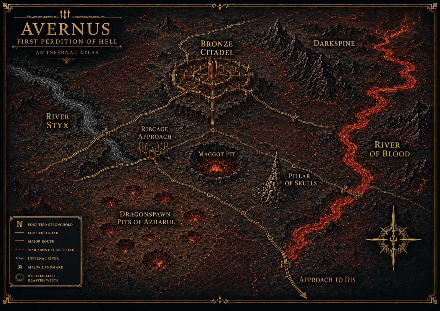 Infernal atlas of Avernus showing the Bronze Citadel, River Styx, Darkspine, Ribcage Approach, Maggot Pit, Dragonspawn Pits of Azharul, Pillar of Skulls, River of Blood and the Approach to Dis.