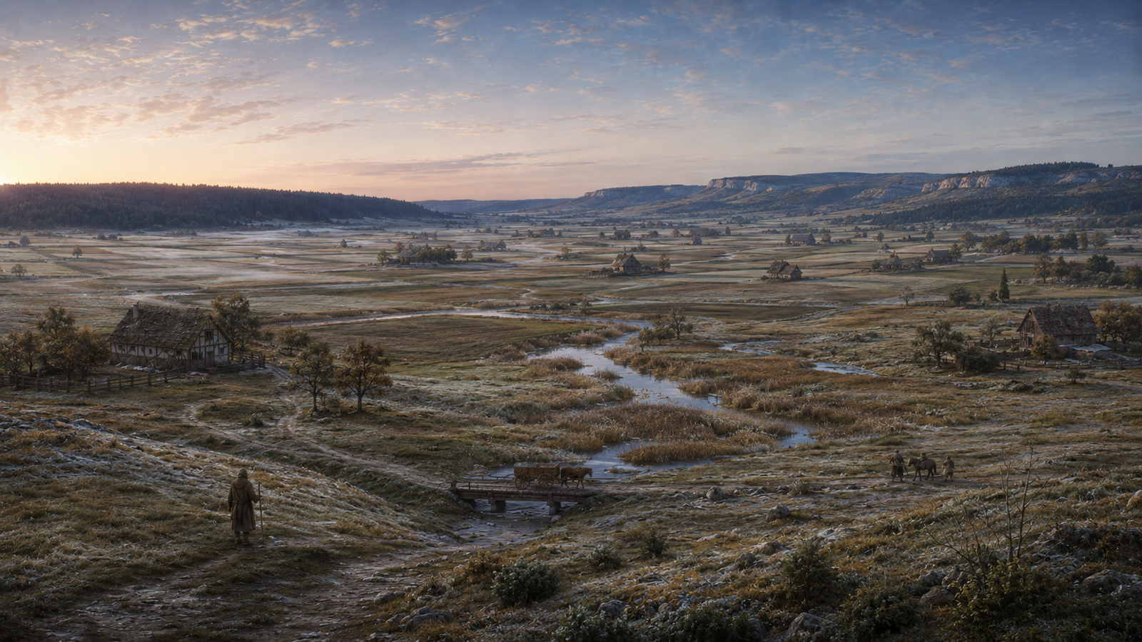 The Baar high plateau in 1454, with frosted meadows, cultivated fields, wet hollows, a winding stream, farmsteads and travellers between the Black Forest and the eastern ridges