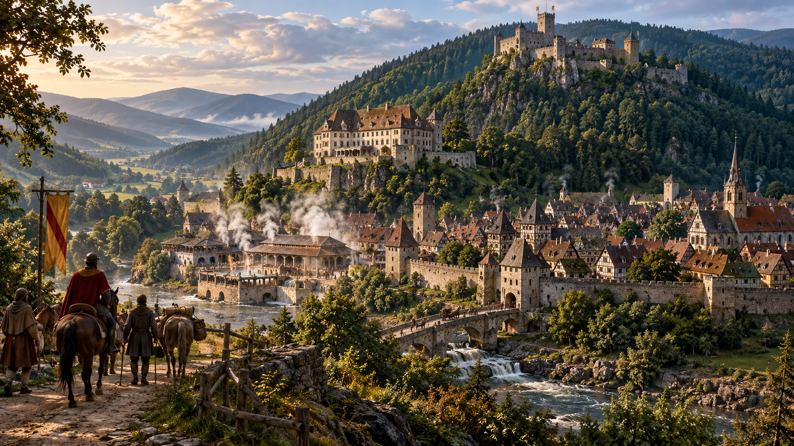 Baden in 1454, a fortified spa town with thermal baths, Neues Schloss and Hohenbaden Castle above the Black Forest