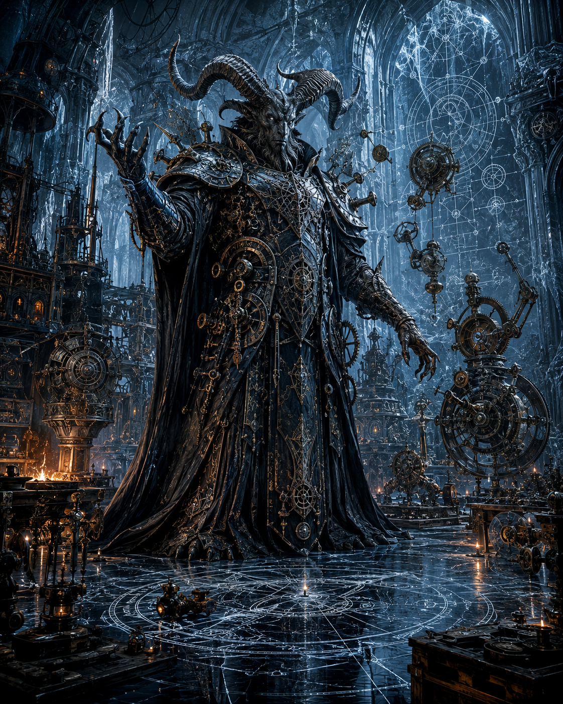 Belphegor, Lord of the Opening, standing among impossible infernal machinery inside the Black Workshop of Cania