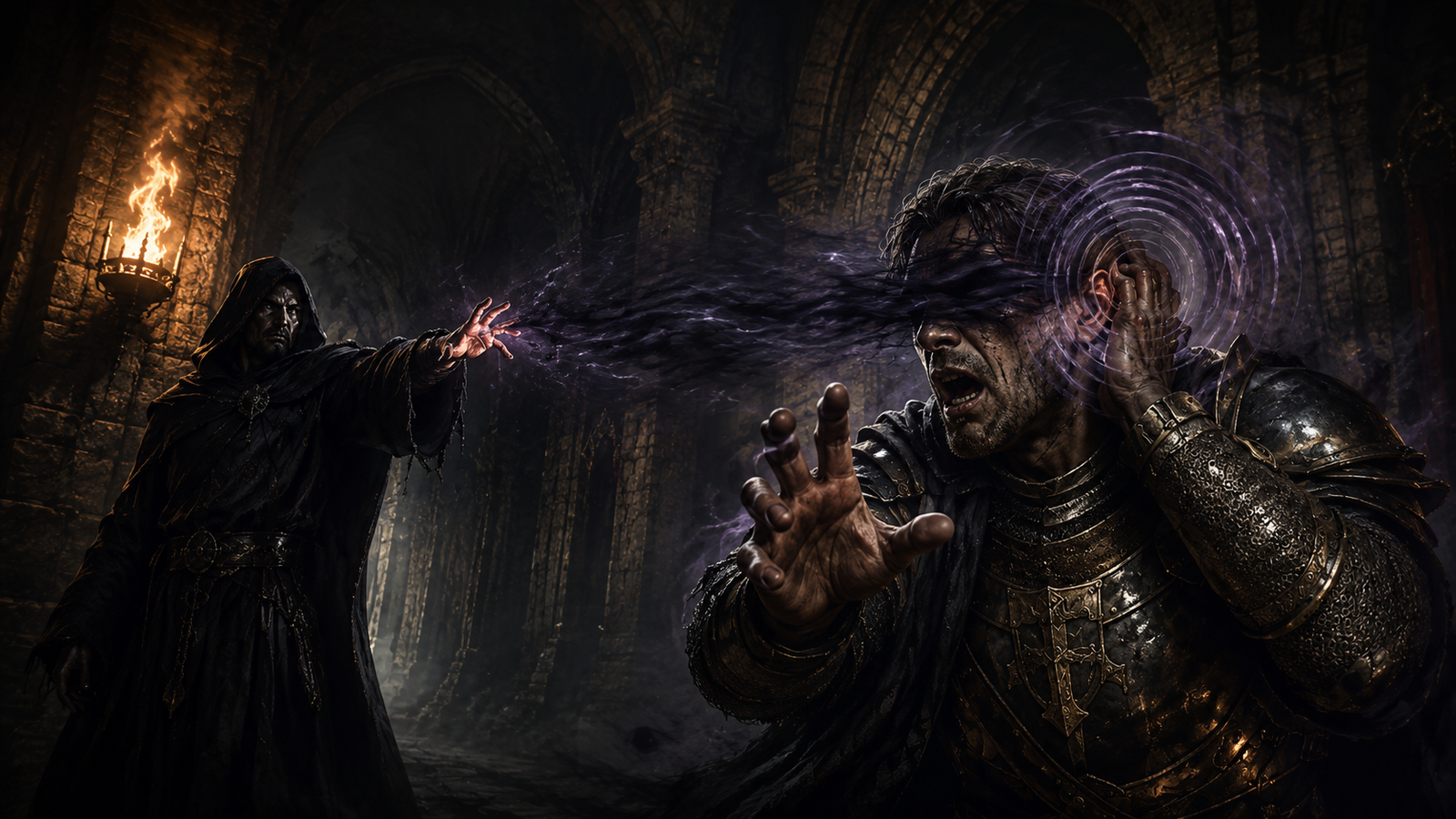 Blindness/Deafness spell sensory curse striking an armoured warrior