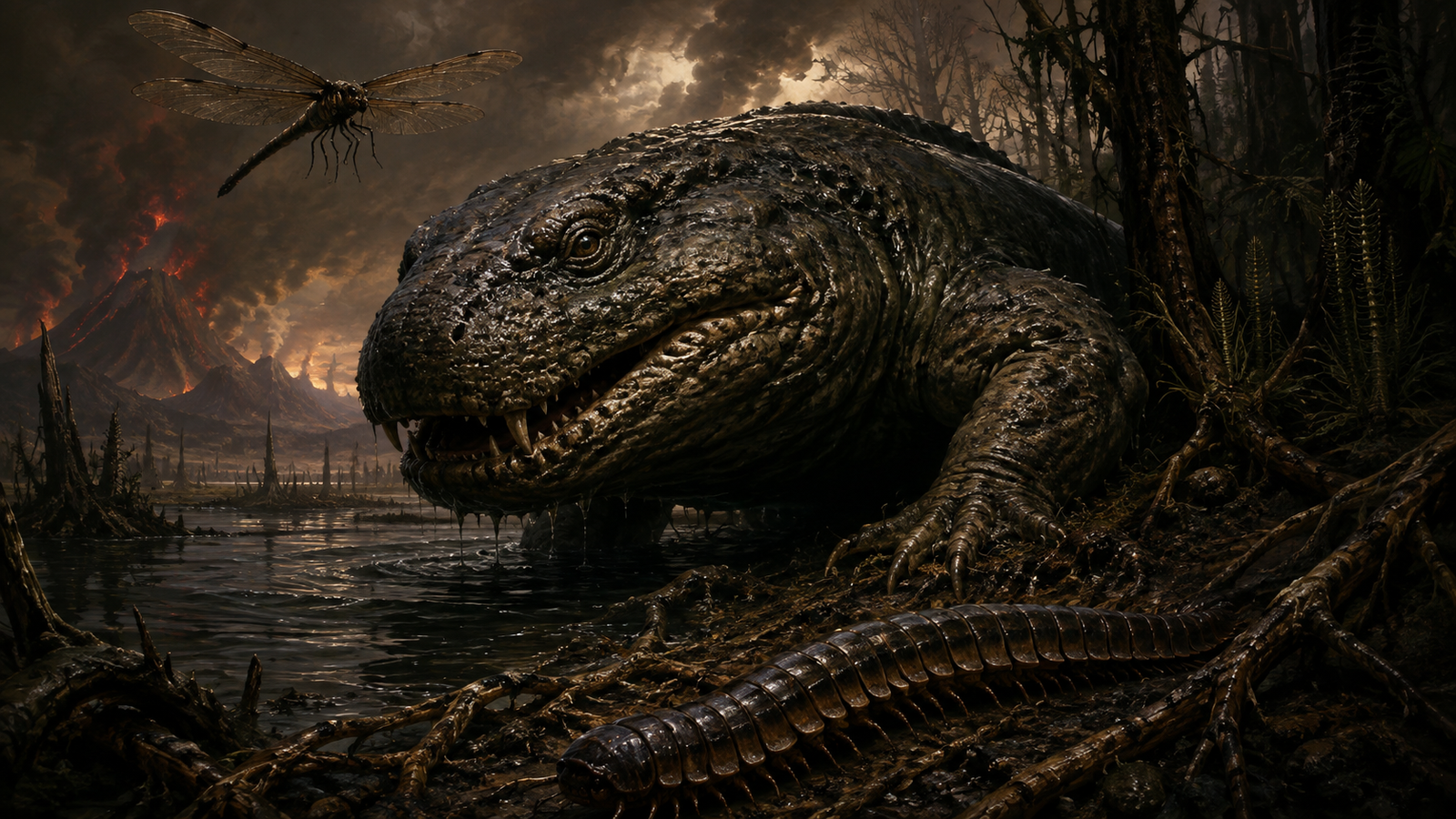 A monstrous prehistoric amphibian rises from a dark swamp while an enormous arthropod crawls across the bank and a giant griffinfly flies overhead.