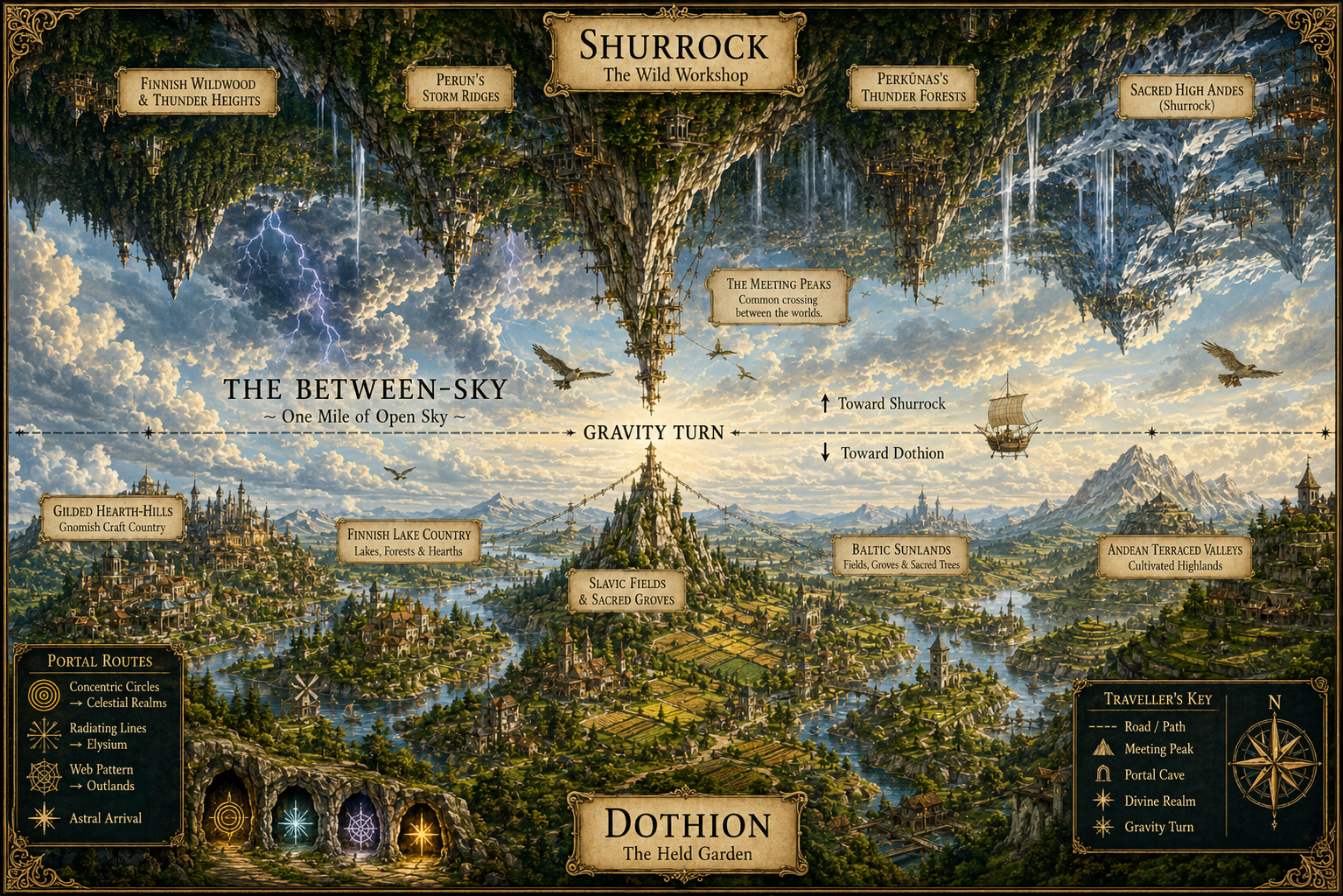 Traveller's chart of Bytopia showing cultivated Dothion and inverted Shurrock facing one another across the one-mile Between-Sky, with the gravity turn, Meeting Peaks, Finnish, Slavic, Baltic and Andean divine regions, Gilded Hearth-Hills and planar portal routes