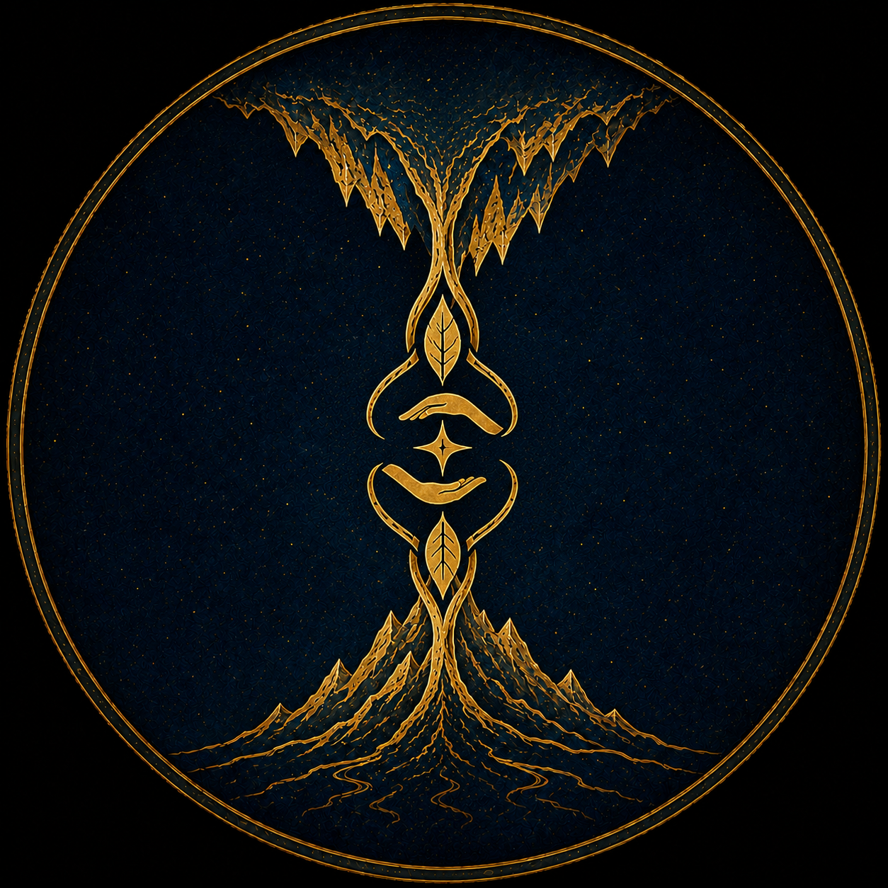 Planar sigil of Bytopia showing opposed mountain forms joined by leaves, open hands and a central star representing Dothion, Shurrock and their shared balance