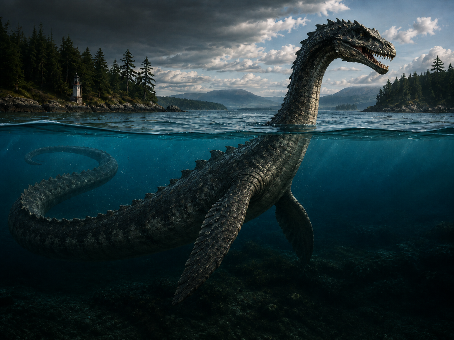 Cadborosaurus, the long-necked Pacific Northwest sea serpent, surfacing in cold coastal waters