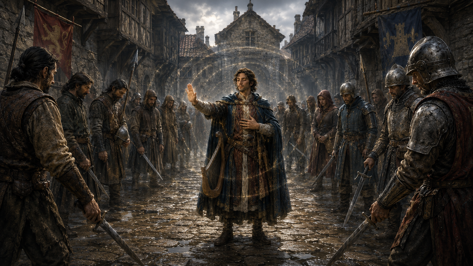 A spellcaster uses Calm Emotions to halt a clash between armed retainers in a late-medieval city.