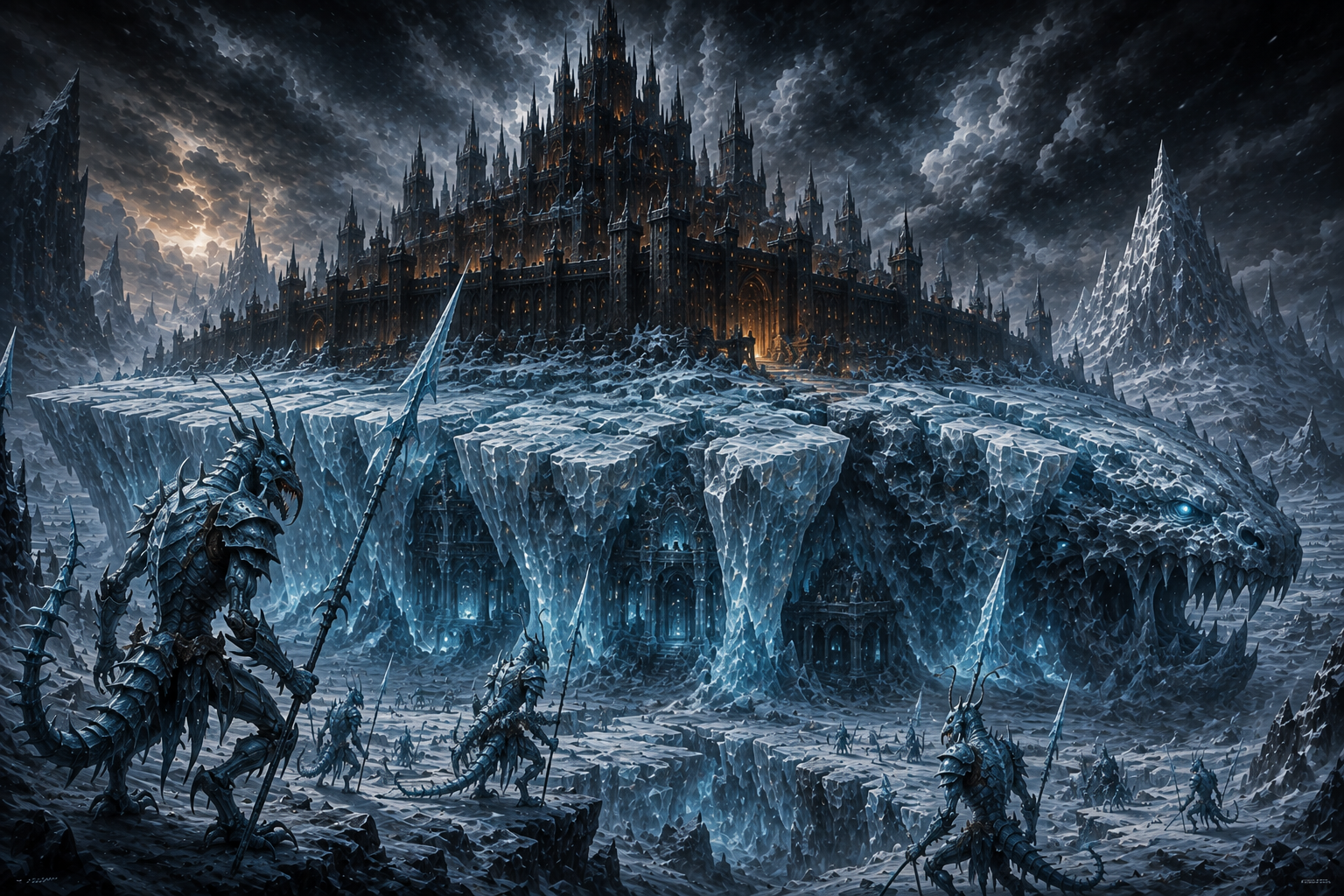 Mephistar riding upon the colossal glacier Nargus across Cania, with gelugon ice devils patrolling the frozen Eighth Perdition of Hell.