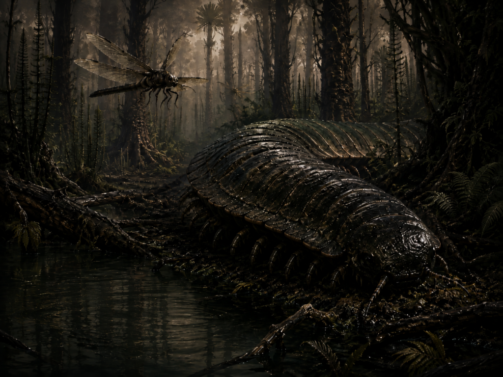 A gigantic Arthropleura crossing a dark Carboniferous coal forest while a huge griffinfly hunts above the swamp.
