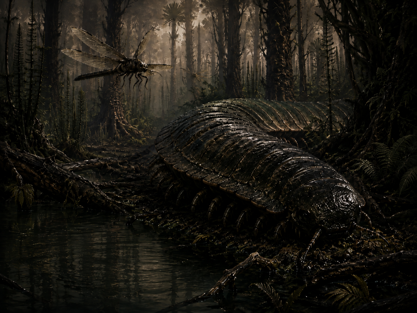 A gigantic Arthropleura crawls through a dark Carboniferous coal forest while a huge griffinfly hunts above the swamp.