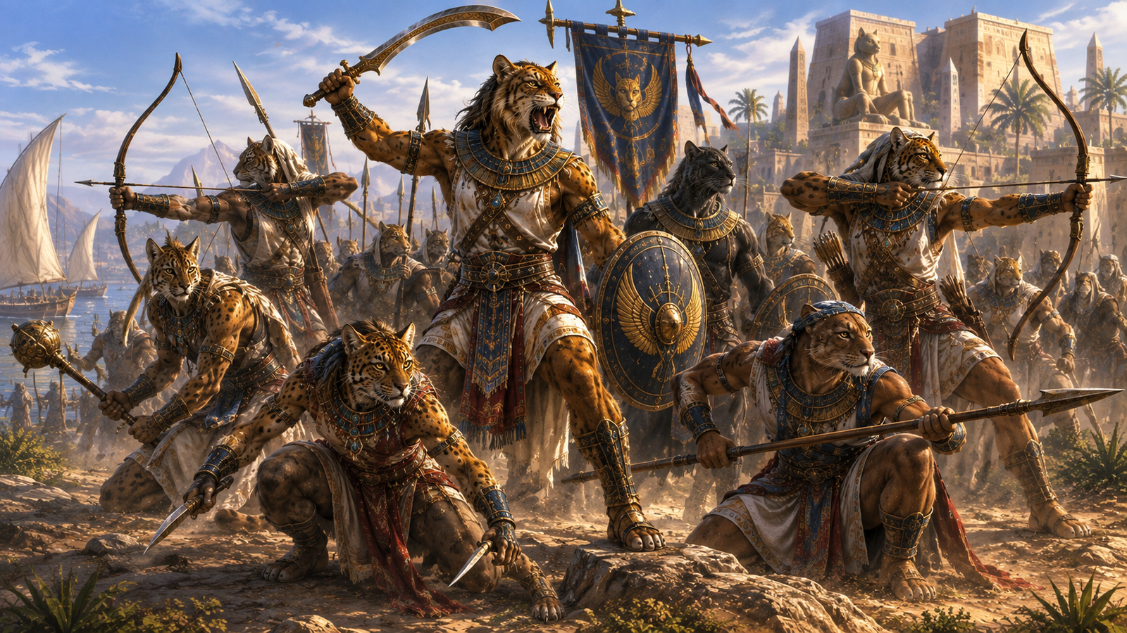 Kemetite Catfolk warriors armed with bows, spears, khopeshes, maces and daggers
