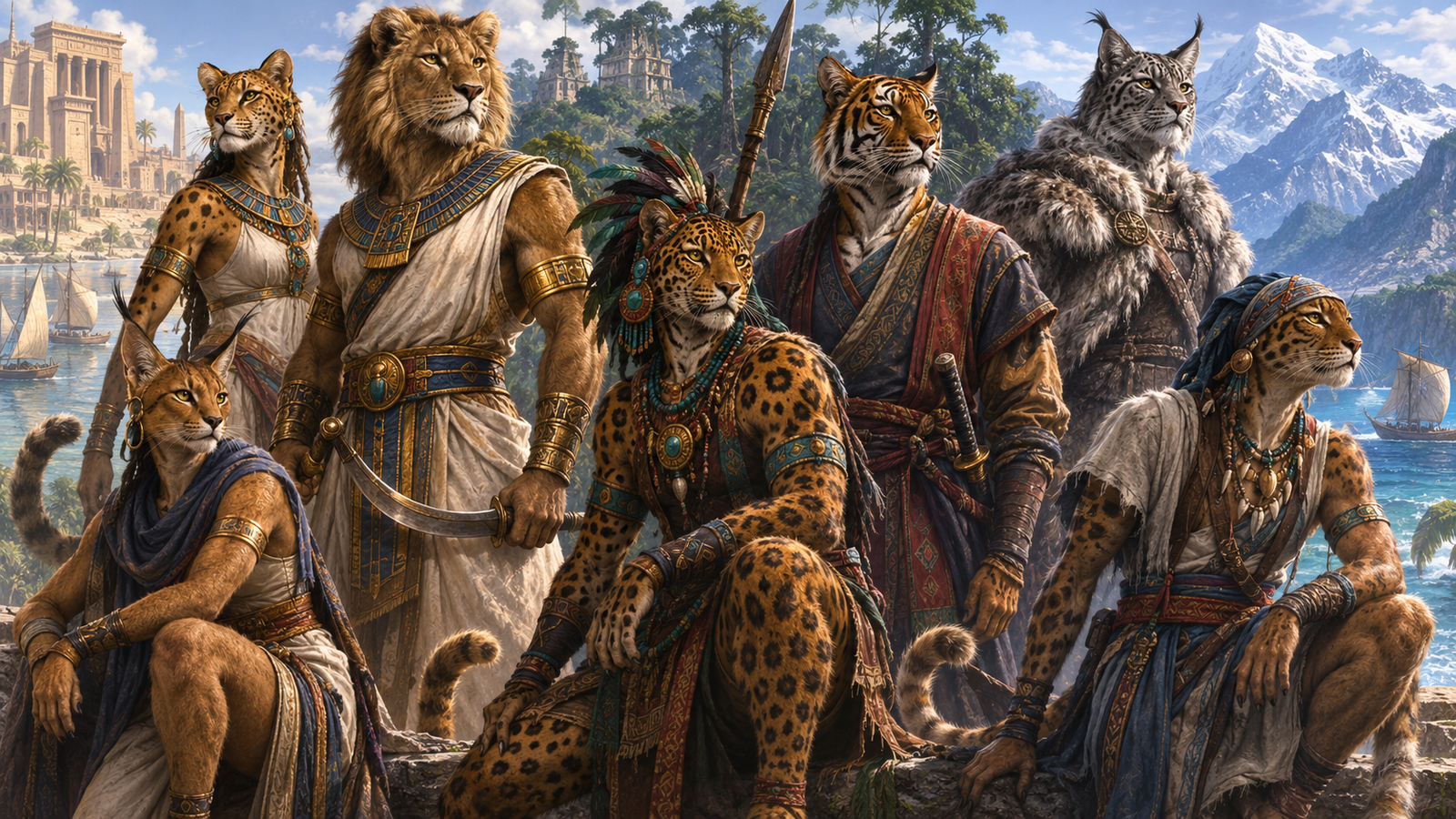 Catfolk from several regions of mythic Earth representing one ancient feline people