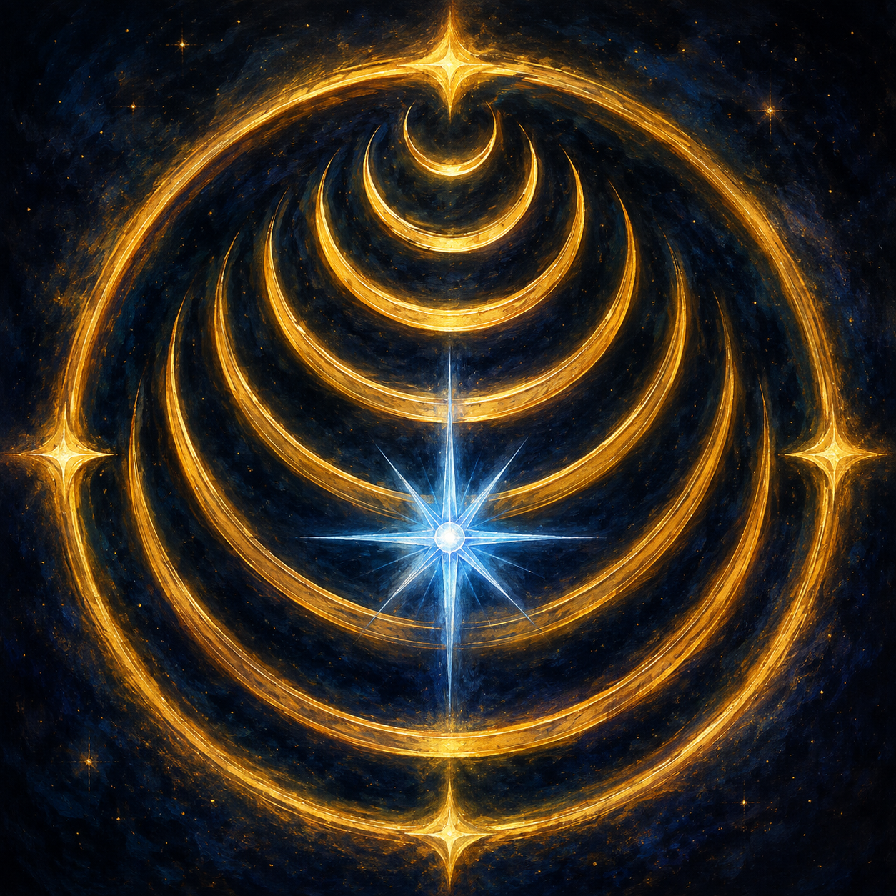 Planar sigil of the Celestial Realms, formed from seven ascending golden arcs around a radiant blue-white star within a golden celestial circle