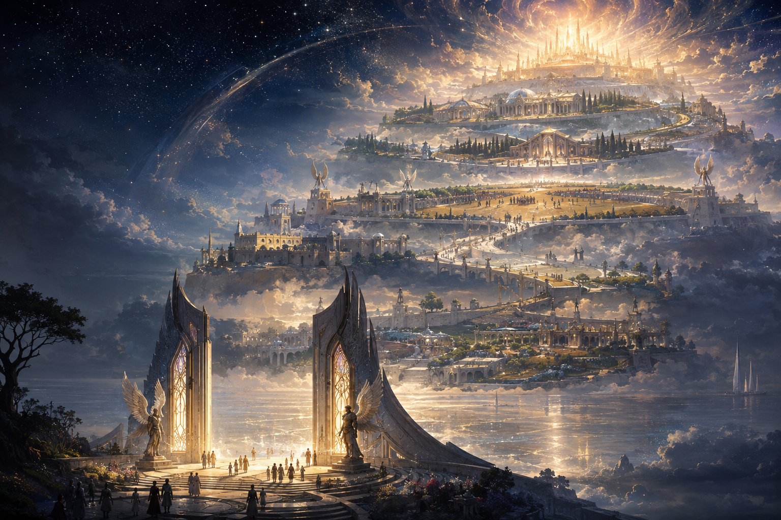 The seven vast ascents of the Celestial Realms rising from a luminous threshold toward an unbounded crown of dawn