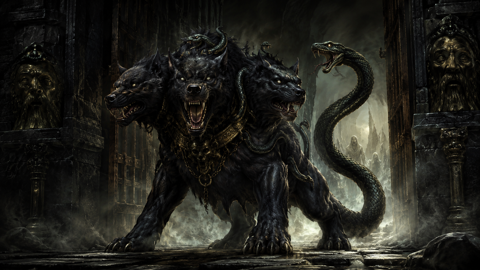 Cerberus, the three-headed Hound of Hades, guarding the gate of the Underworld