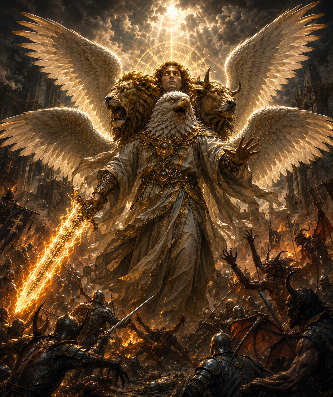 A four-faced Cherubim with human, lion, ox and eagle aspects, four great wings and a flaming sword confronting demons amid a ruined fortress