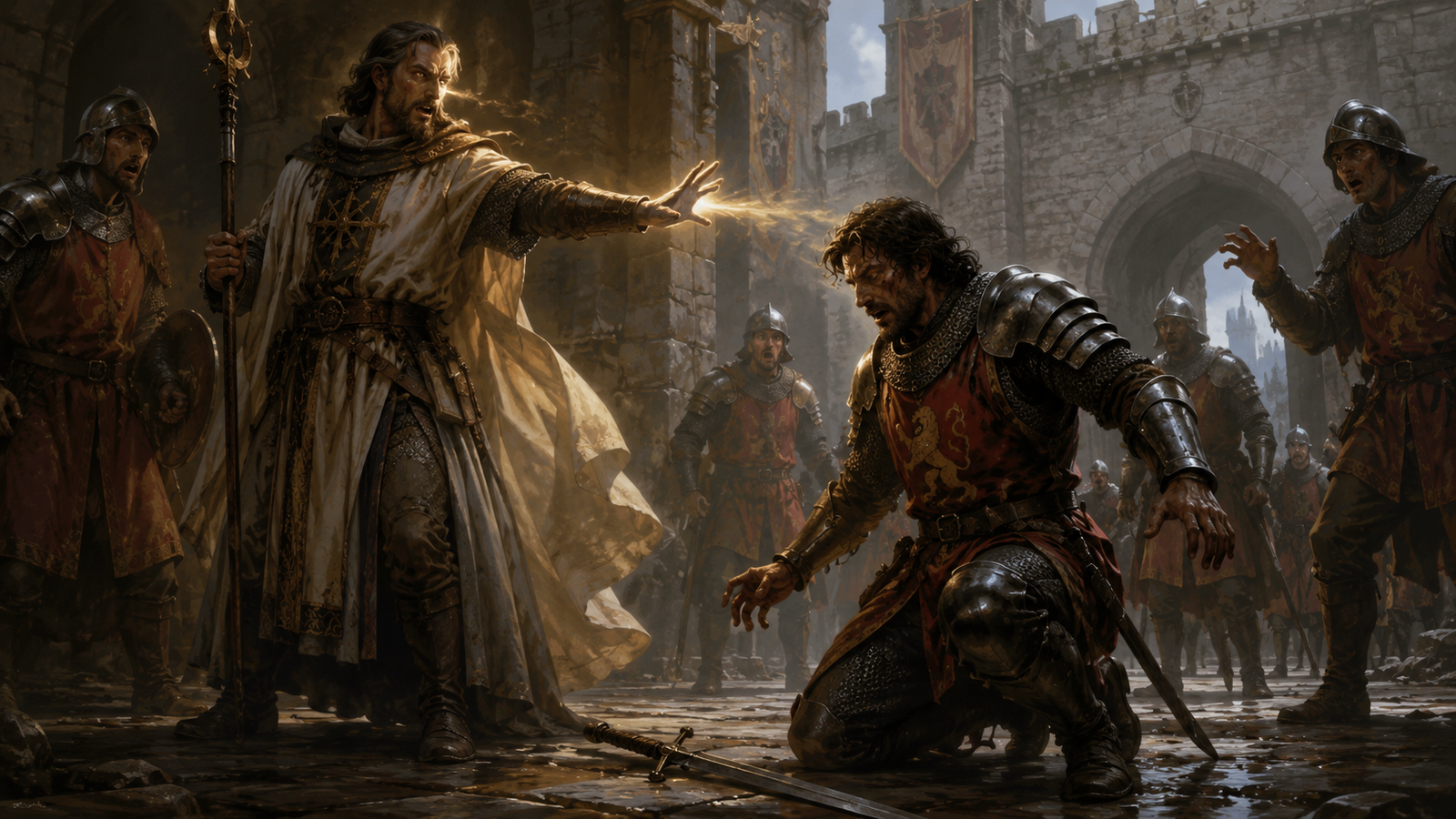 A late-medieval spellcaster speaks a magical command as an armed opponent is compelled to kneel and drop his weapon.