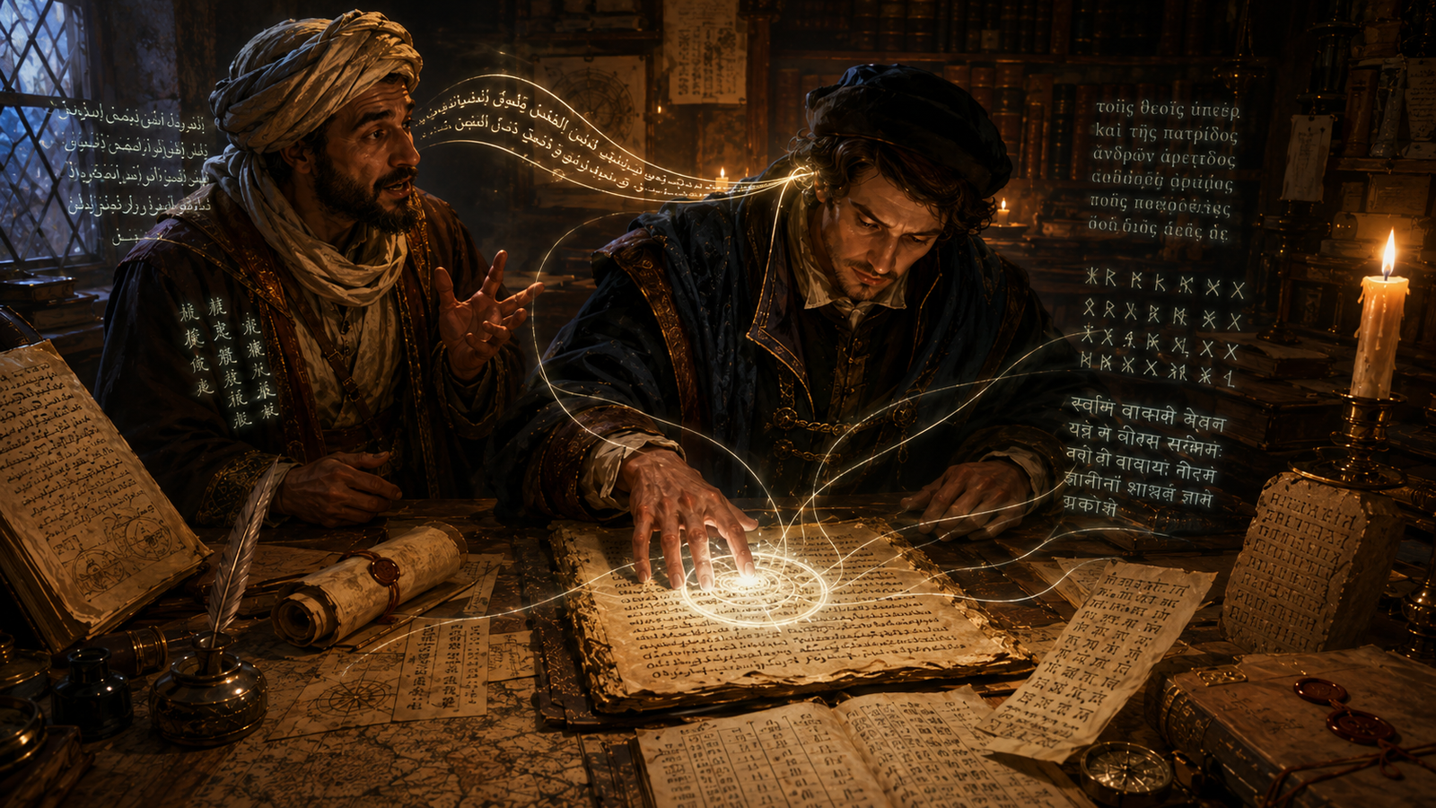 A scholar in 1454 uses Comprehend Languages to understand a foreign speaker and unfamiliar written manuscripts.
