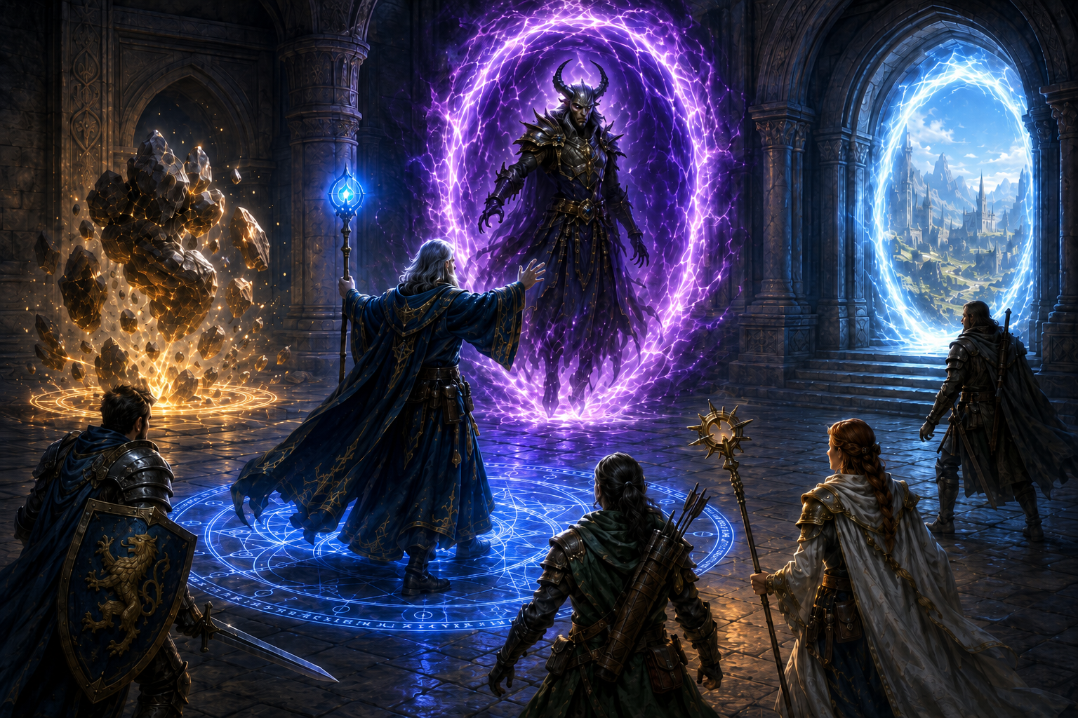 A conjurer and adventuring party face a called planar being beside a forming stone guardian and a blue teleportation gateway