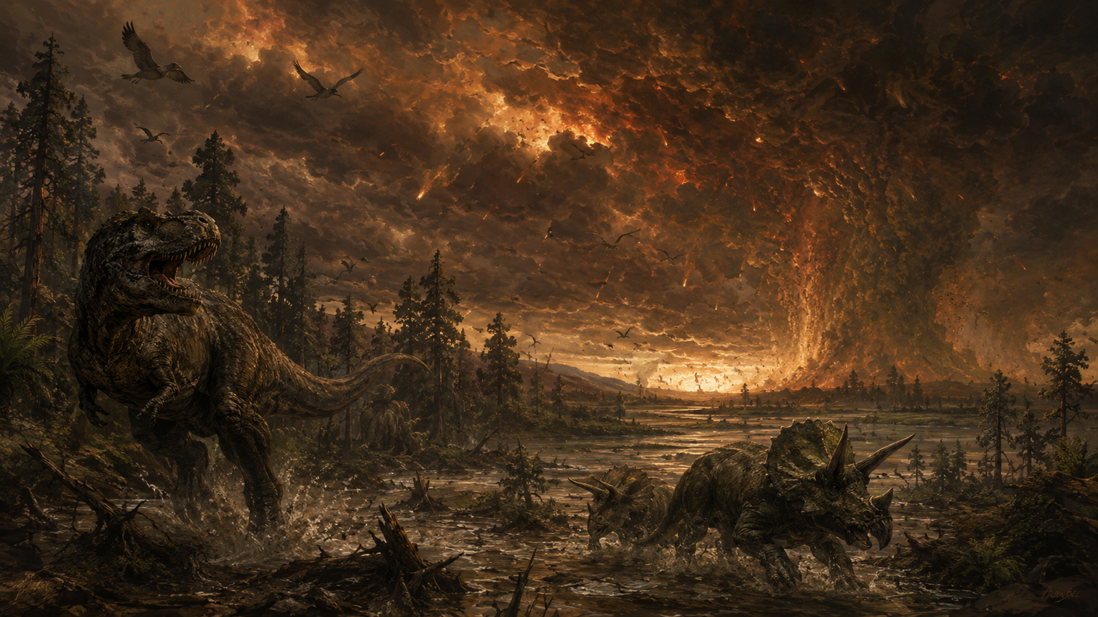 Dinosaurs flee through a shattered late Cretaceous landscape beneath a burning sky following the Chicxulub impact.