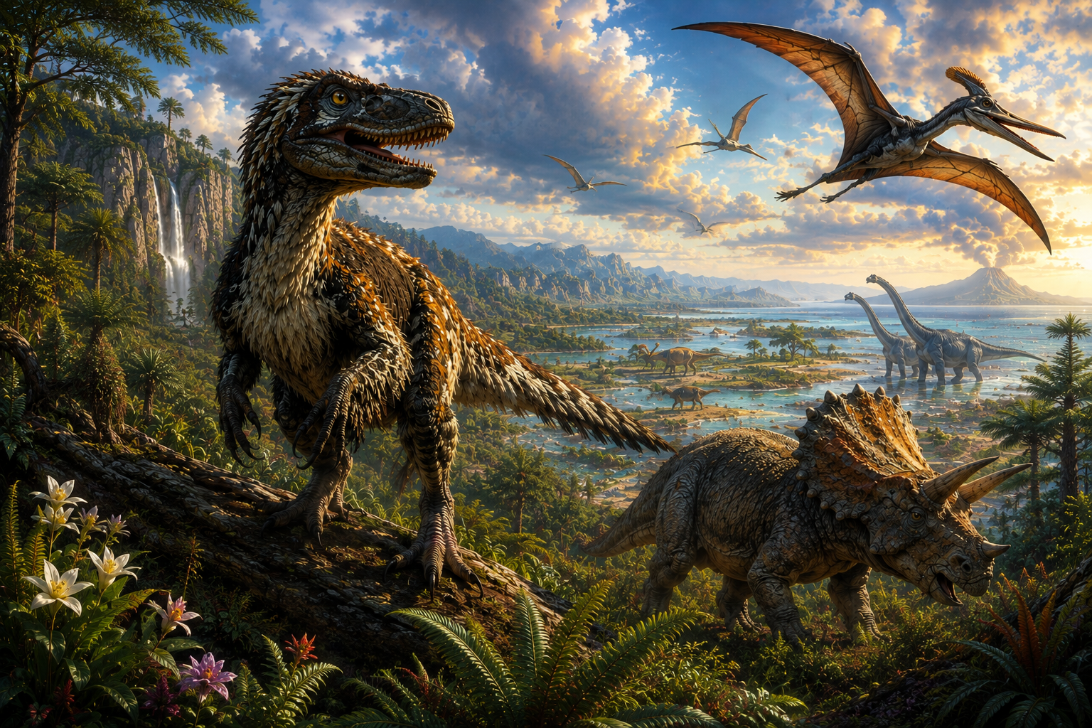 Cretaceous dinosaurs inhabit a vast green world of changing forests, waterways and distant coasts while pterosaurs cross the sky.