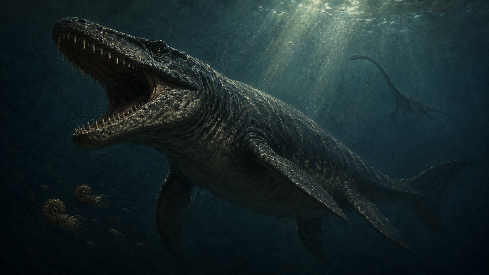 A huge mosasaur moves through the dark open waters of a Cretaceous sea while a long-necked plesiosaur passes in the distance.