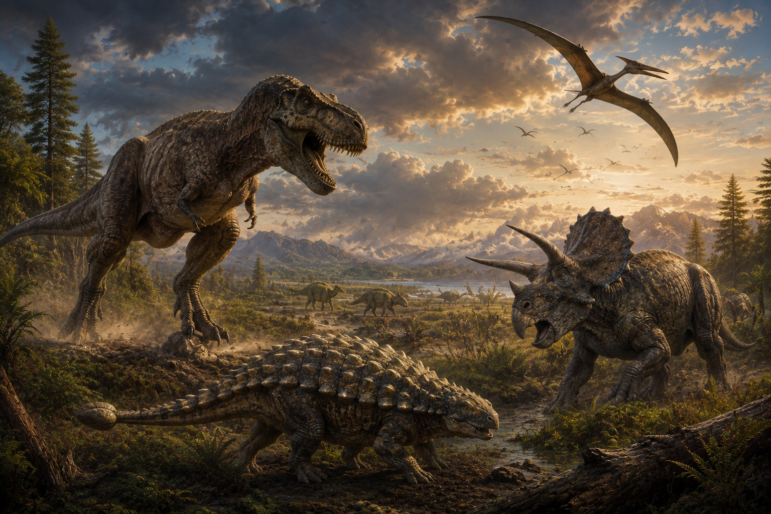 Tyrannosaurus, Triceratops and Ankylosaurus inhabit a late Cretaceous landscape beneath birds and a giant pterosaur.