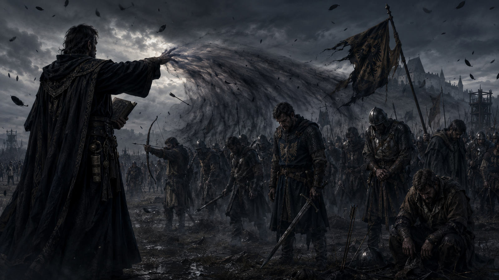 A dark-robed spellcaster casting a wave of crushing despair across a medieval battlefield as soldiers slump beneath supernatural hopelessness.