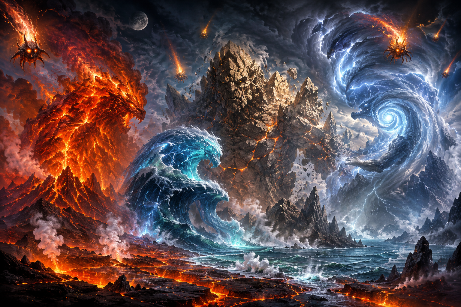 Primal fire, water, earth and air elementals towering across the volcanic young Earth while alien fire descends through the storm
