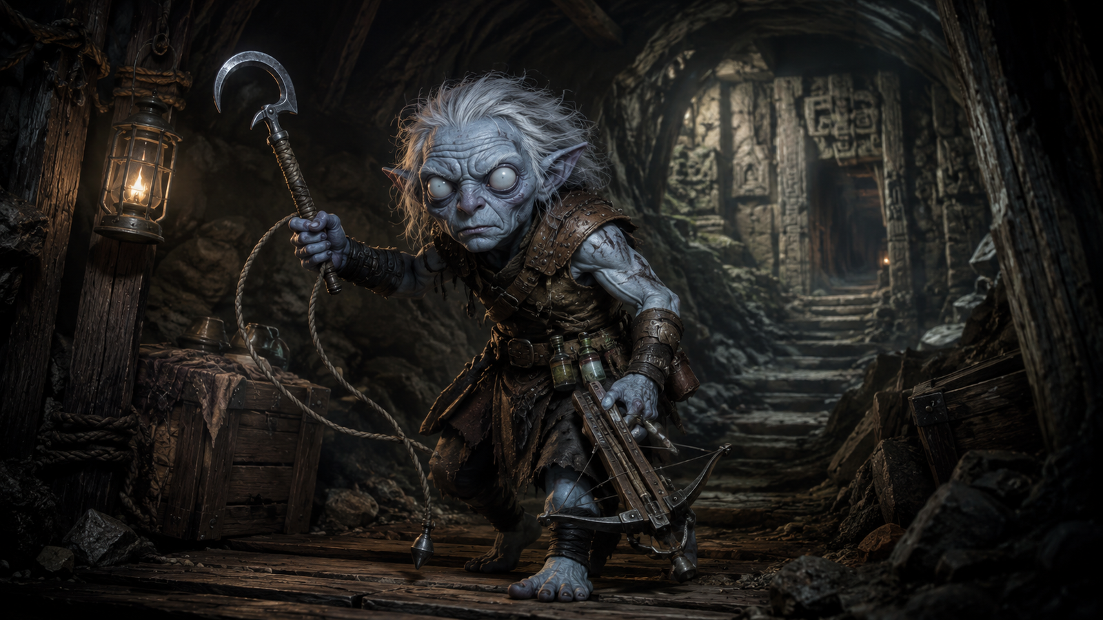Derro raider with pale blue-grey skin, white eyes, aklys and repeating crossbow in a Deep-Earth tunnel