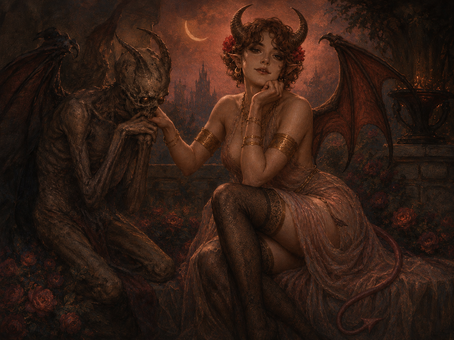 The Devils You Know — wider fiendish context showing a succubus-like temptress and lesser fiend illustrating supernatural seduction and infernal bargains.