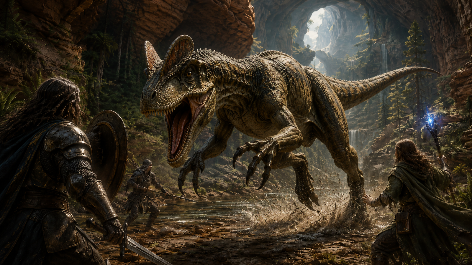 A Dilophosaurus charging adventurers through a prehistoric Hollow Earth river valley