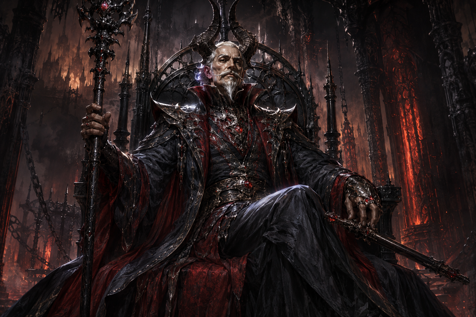 Dispater, the horned Iron Duke of Dis, seated within the Iron Tower