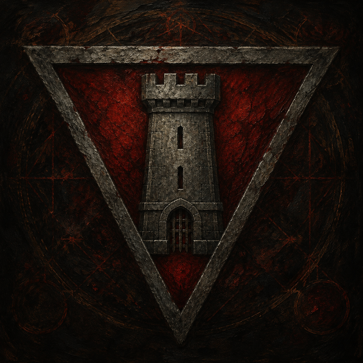 Symbol of Dispater showing the Iron Tower upon red within an iron-grey inverted triangle