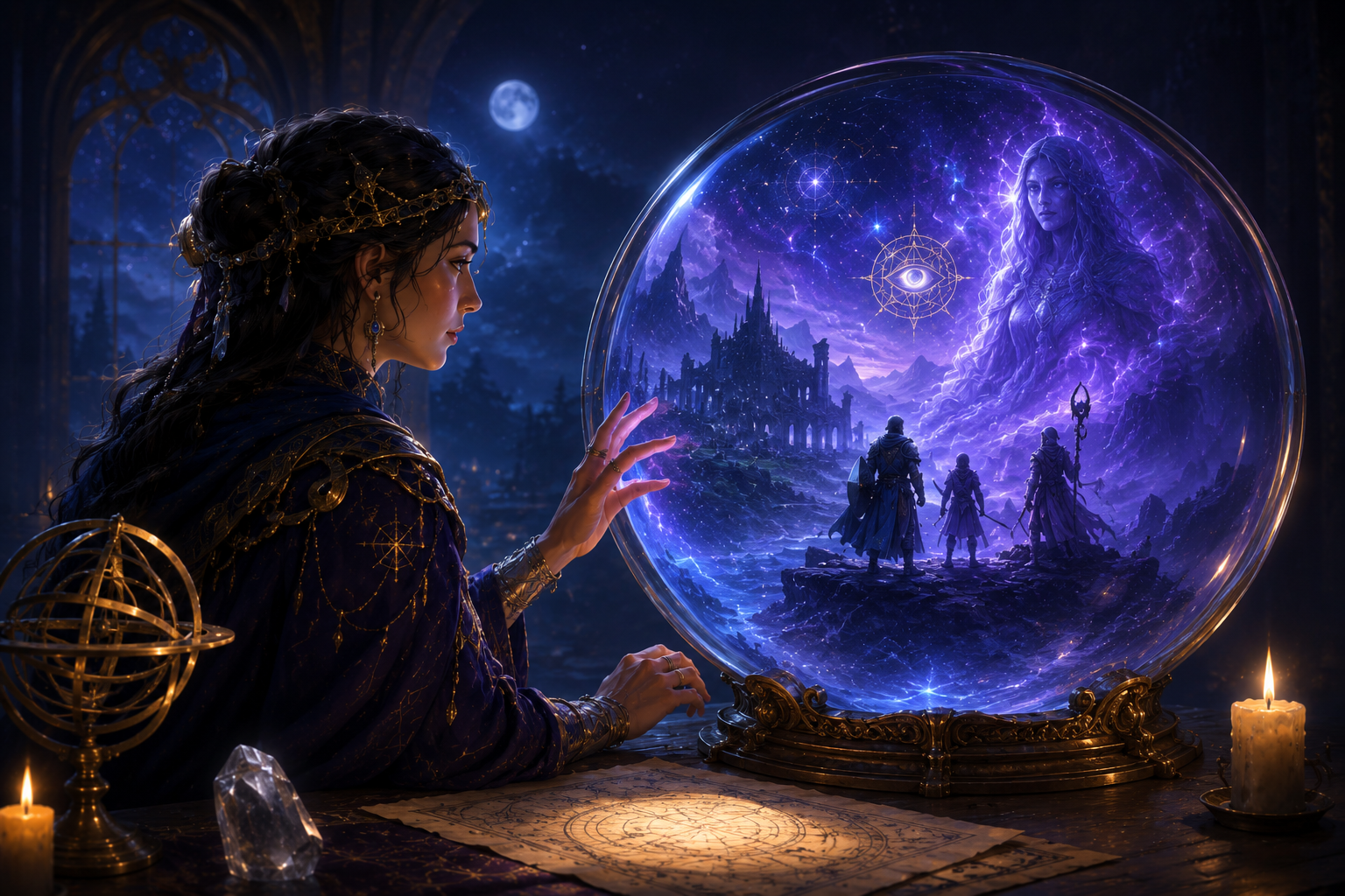 A diviner studies a vast crystal scrying orb revealing ruined towers, an adventuring party and a prophetic spirit