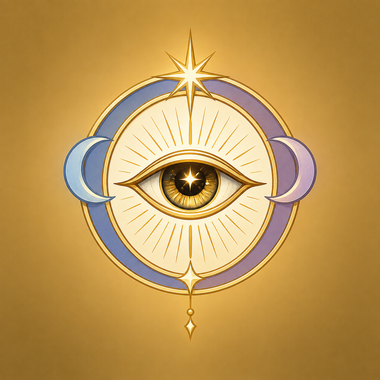 Divination school sigil: a golden all-seeing eye between blue and violet crescent moons